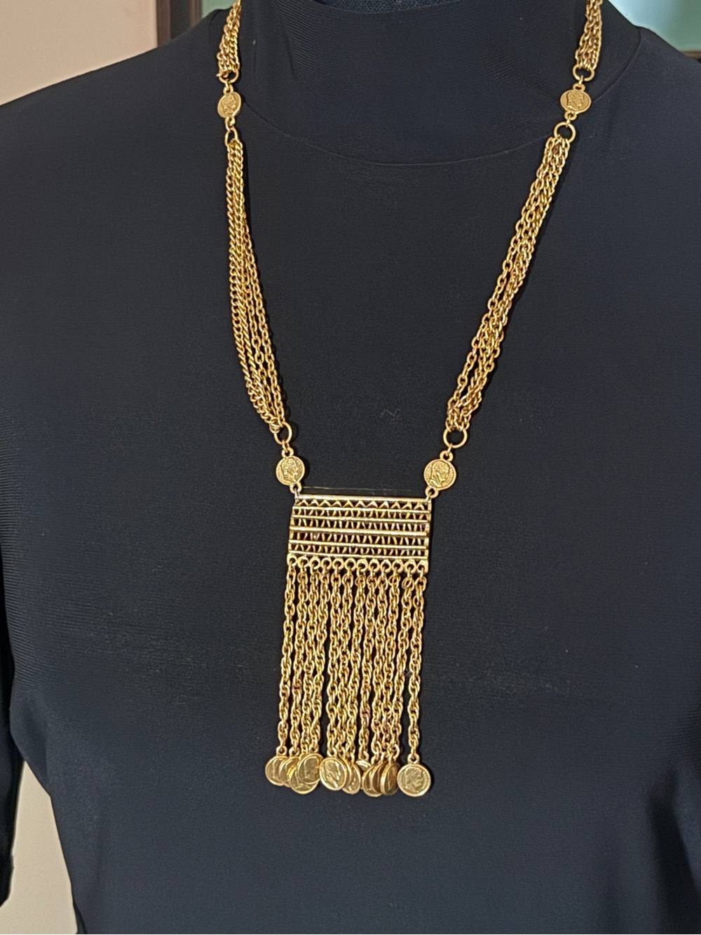 Gold-Tone Fringe Pendant Necklace with tiny coins festooned statement necklace.